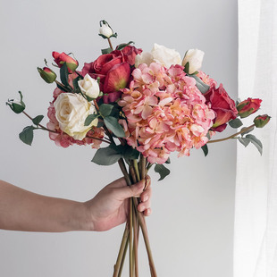 甜美花束复古焦边轻奢仿真花绣球玫瑰搭配花艺居家装饰品客厅野花