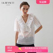 l.k.bennett夏季白色镂空短袖上衣女，短款法式荷叶，边100%棉xj