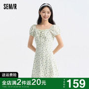 森马连衣裙女泡泡袖碎花雪纺，裙森系2024夏季方(夏季方)领系带收腰短裙