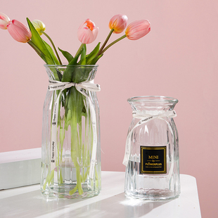 两个装花瓶北欧欧式摆件客厅，透明玻璃简约水养插花干花器鲜花