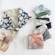 双层复古蕾丝花朵三角拼接菱形，丝巾女日系棉麻，薄款小围巾护颈装饰