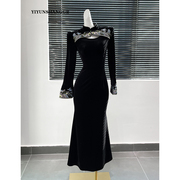 黑色新中式国风改良连衣裙，女冬季长裙轻奢高级感气质鱼尾礼服裙子