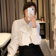 bigyu钩花蕾丝领白衬衫，2023春女装打底内搭白色，蝴蝶结领长袖上衣