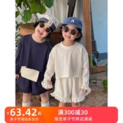 韩系童装2024春季女童套装纯色木耳边短裤卫衣两件套韩国