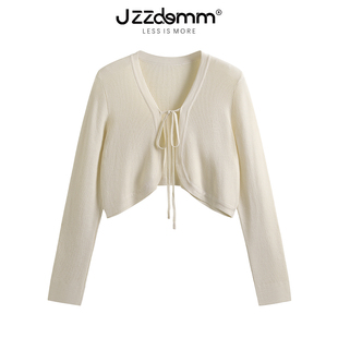 九州诚品/JZZDEMM系带披肩女夏季短款针织开衫长袖上衣黑色小外套