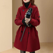 设计感时尚红色毛呢外套女2022年冬季针织拼接收腰呢子大衣潮