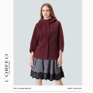L'ORFEO/奥菲欧通勤简约O型连帽七分袖短款紫红色冬季大衣外套女
