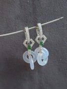 绿色翡翠白色连环玉冰种白玉髓(白玉髓，)耳环新中式耳环，耳扣配饰925银手镶