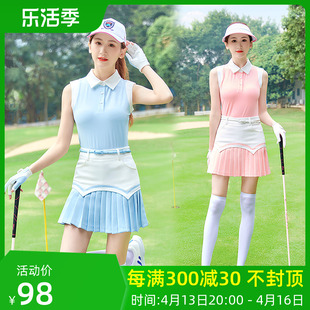 高尔夫球女士短无袖背心T恤弹力速干POLO翻领运动粉蓝色上衣服装