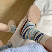 蓝色水波条纹袜子女中筒ins韩系设计师款长筒袜网红堆堆袜女纯棉