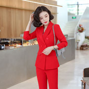 大红色职业西装女套装2019秋季时尚气质韩版工作服商务正装女