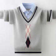 男童毛衣假两件秋冬款，衬衫领中大童套头线衣，加绒加厚儿童针织衫潮