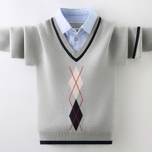 男童毛衣假两件秋冬款衬衫，领中大童套头线衣，加绒加厚儿童针织衫潮