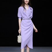 夏季女装2024气质浅紫色，修身收腰显瘦衬衫，连衣裙长裙包臀