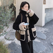 黑色羊羔毛外套(毛外套)女小个子，2023秋冬季复古灯芯绒韩版设计感宽松棉衣