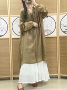 苎麻连衣裙大码2022女装春季气质中国风复古长衫系带长裙显白