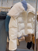 chao级!冬季设计白色减龄羊羔毛翻领(毛翻领)保暖白鸭绒(白鸭绒)羽绒服外套
