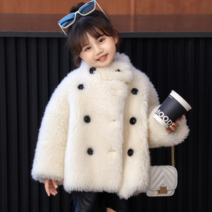 儿童装真羊毛皮草外套，大衣2023冬季芭莎女宝宝双排扣立领短款