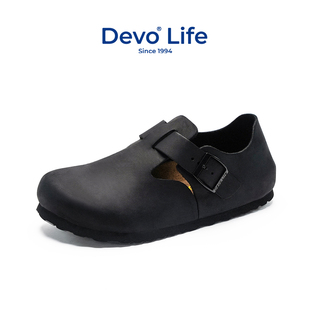 Devo Life软木鞋时尚全包休闲鞋包头复古真皮单鞋女秋冬皮鞋67008