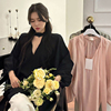 韩国chic秋季优雅气质v领飘带，设计宽松休闲百搭纯色长袖衬衫上衣