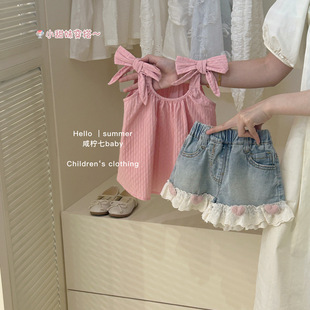 夏季女童韩版洋气粉色吊带，娃娃衫儿童，设计感无袖背心衬衫宝宝上衣