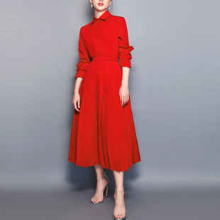 欧洲站明星同款高级感女装春季气质收腰红色衬衫中长款连衣裙