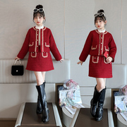 小香风女童套装名媛风加厚呢外套，红色半裙儿童两件套元旦新年服