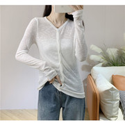 2023春季女装韩版简约纯色优雅圆领单排扣长袖，修身轻薄针织开衫