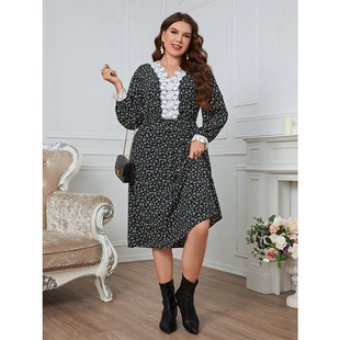 XL~4XL black polka-dot waist ruffled chiffon dress雪纺连衣裙