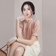 新中式轻国风粉色上衣女2024夏季时尚淑女气质高级感雪纺衬衫