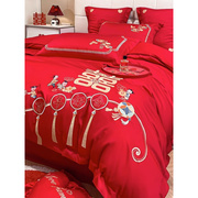 高档结婚四件套大红色床单，被套百子图，婚房喜被婚庆床上用品六件套