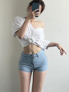 夏季中低腰浅蓝色牛仔短裤，女薄性感紧身包臀显身材蜜桃臀热裤