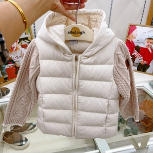 出口韩国童装23秋冬男女宝儿童针织，袖拼接熊耳朵(熊耳朵)连帽米色羽绒服