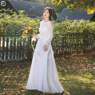 白小仙原创2024旅拍轻婚纱蕾丝长袖缎面高级新娘出门礼服春季