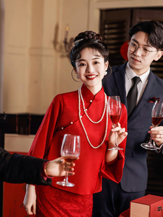中式敬酒服酒红色新娘旗袍回门便装孕妇套装冬季订婚结婚礼服