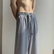 日系灰色棋盘格直筒，休闲裤男士夏季薄款垂感潮流，宽松阔腿格子长裤