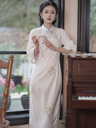 新中式国风少女倒大袖旗袍2024春夏温婉气质米白色连衣裙