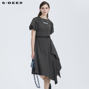 sdeer圣迪奥夏季长裙高级感不规则泡泡袖气质连衣裙女夏S21261208