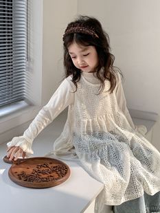 女童连衣裙春装韩版镂空背心裙，儿童公主裙叠穿蕾丝罩衫吊带裙