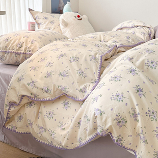 韩系紫色小碎花纯棉四件套，床上三件套清新被套1.5m1.8米床单床笠