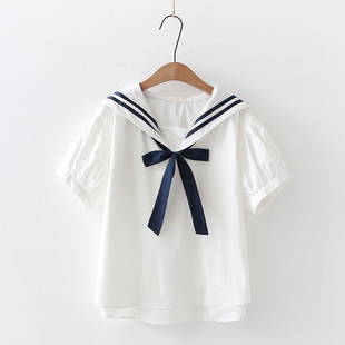 日系海军领泡泡袖蝴蝶结短袖衬衫，女夏季学院，风宽松jk制服衬衣