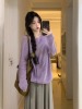 2024春装紫色长袖薄款宽松针织衫毛衣，圆领套头女韩系休闲上衣