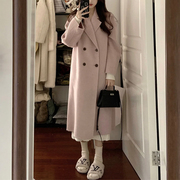 韩系粉色毛呢外套女中长款2022年秋冬装小个子廓形双排扣呢子大衣