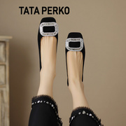 TATA PERKO联名浅口单鞋黑色船鞋方扣水钻粗跟中跟瓢鞋高跟单鞋女