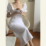 aguomwtour同款限定皱褶棉，蕾丝领方领智熏法式复古白色连衣裙