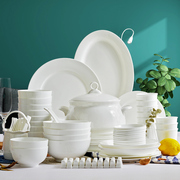 纯白骨瓷餐具碗碟套装，家用白色6810人白瓷碗盘整套餐具套餐组合