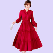 遮肚子大码连衣裙2021收腰减龄显瘦法式复古气质红色雪纺裙子