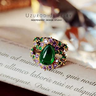 出口Italy意大利设计《紫藤花园》泪滴祖母绿紫钻宝石黑金戒指女