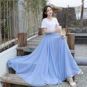 纯色浅蓝色雪纺长裙，大摆裙半身裙720度双层度假仙女裙仙气舞蹈裙