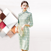 中国风蕾丝职业女装ol连衣裙2023苏州七分袖中长款侧八扣旗袍